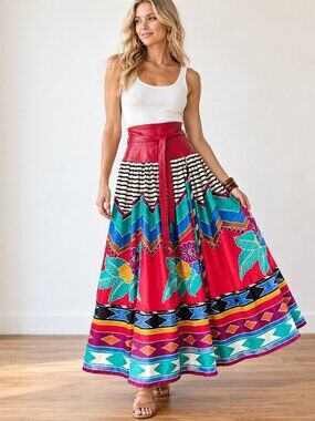 Vintage Wayne Clark Colourful Geometric Print Leather Detail Maxi Skirt S